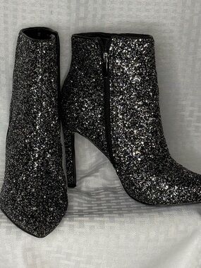 Nine West Black silver Glitter Stiletto Pointed Ankle Booties